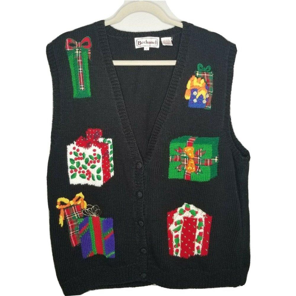 Bechamel Womans 1x Ugly Christmas Sweater Vest Presents Black Vintage